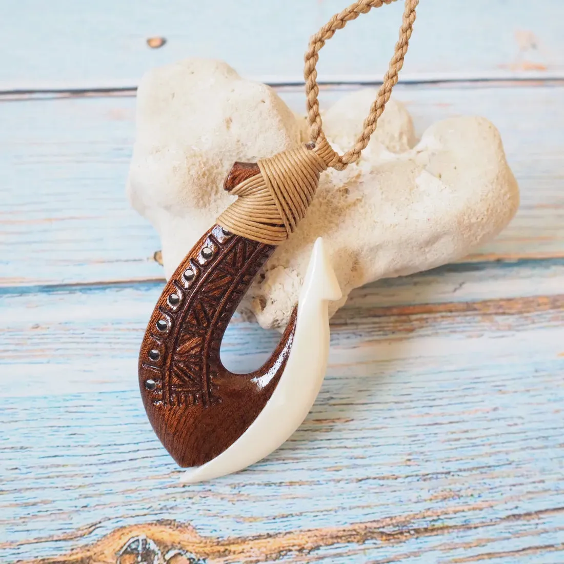 Moana Koa Wood & Bone Fish Hook Necklace