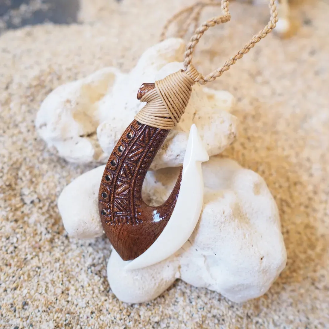 Moana Koa Wood & Bone Fish Hook Necklace