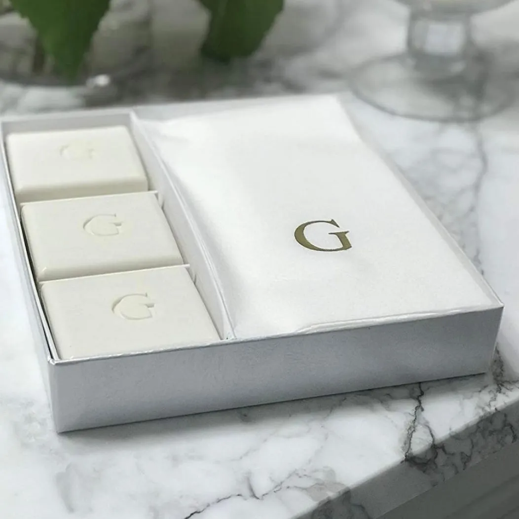 MONOGRAM SQUARE SOAPS SET OF 3 WITH 12 TOWELS