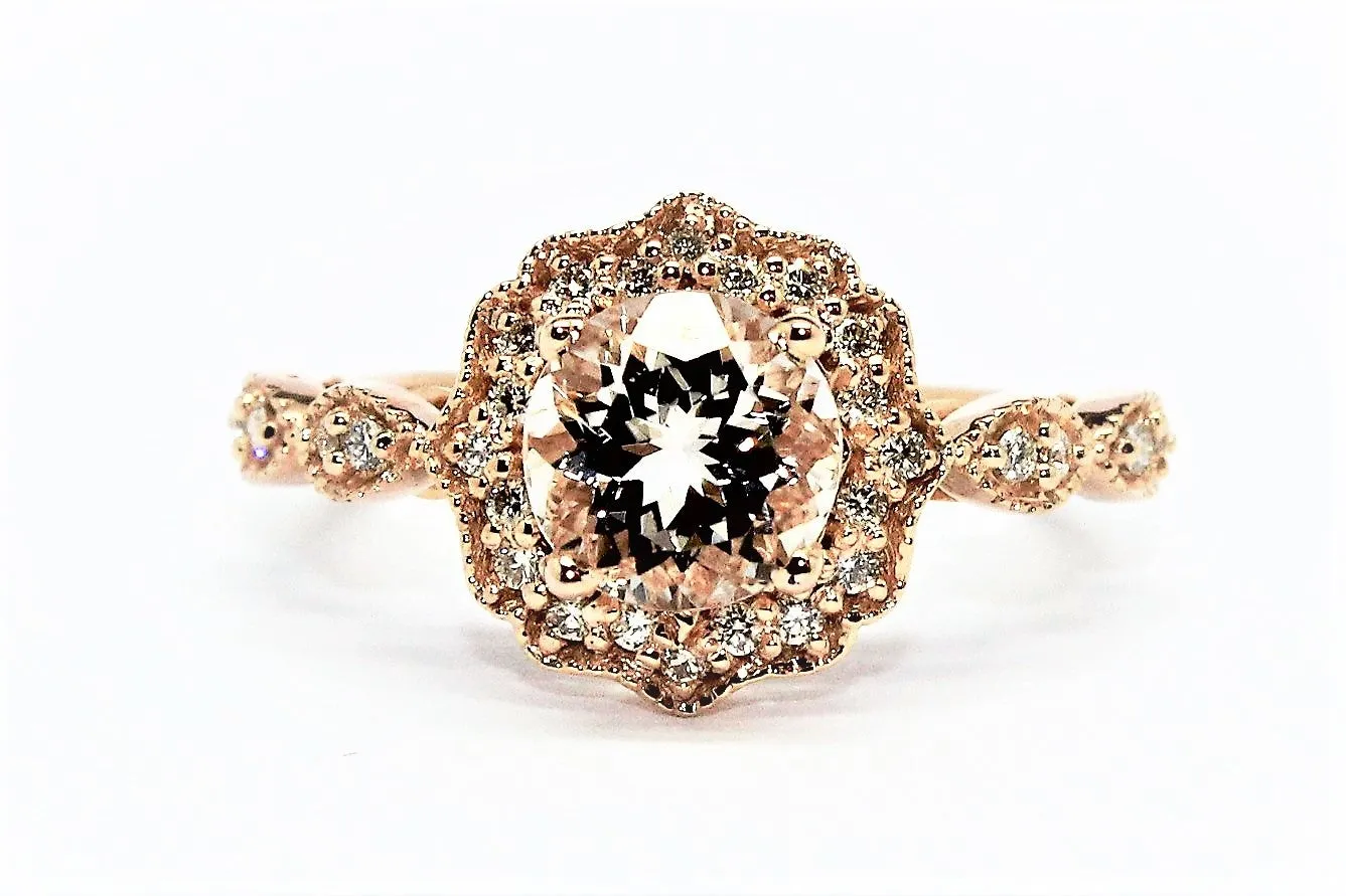 MORGANITE AND DIAMOND MILGRAIN HALO RING AD NO.1606