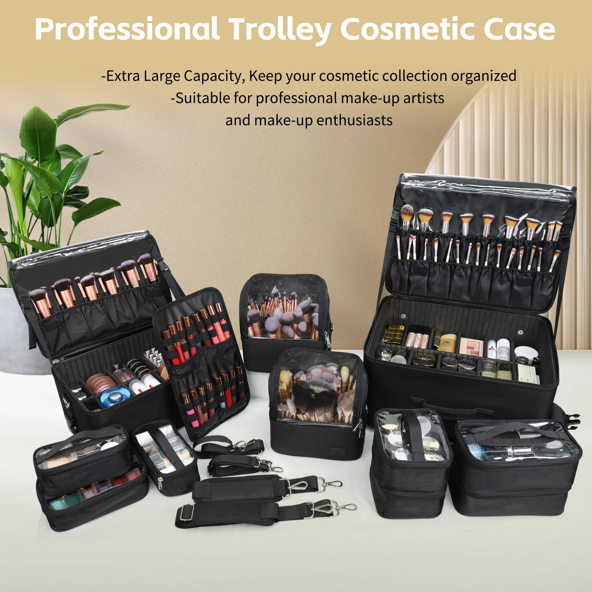 New 360° Rolling Extra Large 4 in 1 Makeup Case with 7 Small Bag and lipstick panels