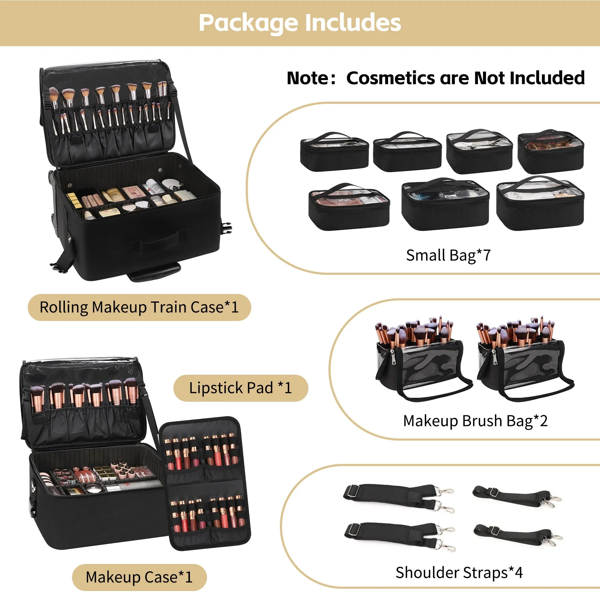 New 360° Rolling Extra Large 4 in 1 Makeup Case with 7 Small Bag and lipstick panels