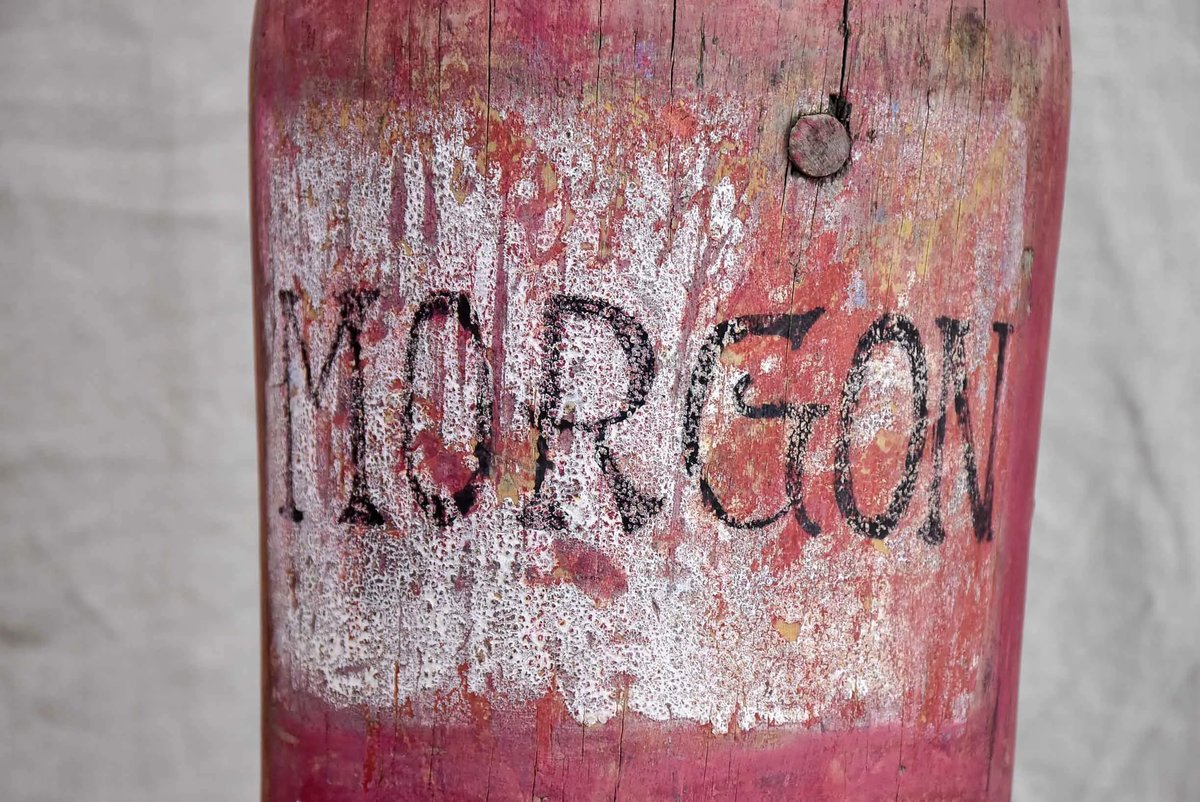 Oversize wooden Morgan bottle sculpture from Beaujolais