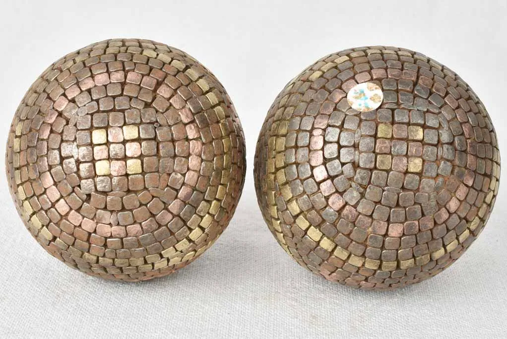 Pair of antique French petanque balls - square mosaic pattern 4"