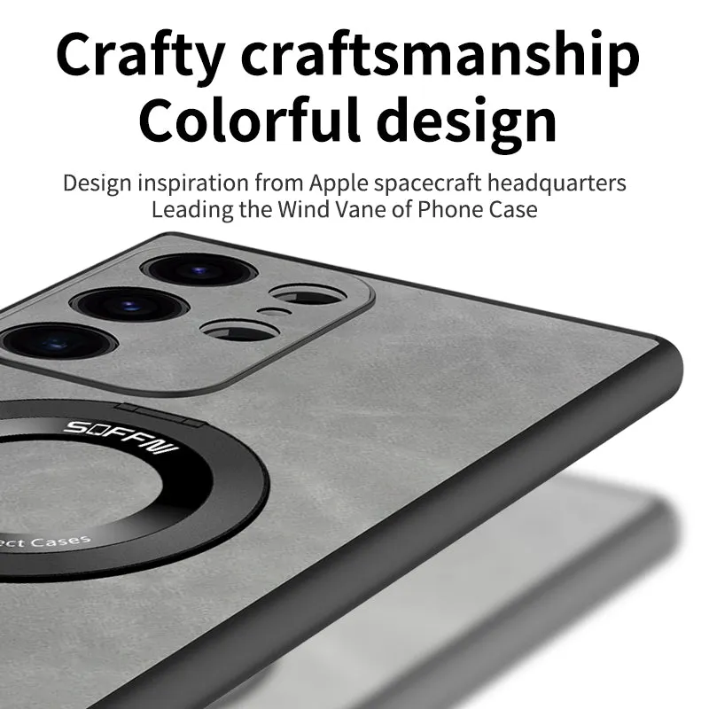 Plain Leather Matte MagneticPhone Case With Ring Holder For Samsung Galaxy S24 S25
