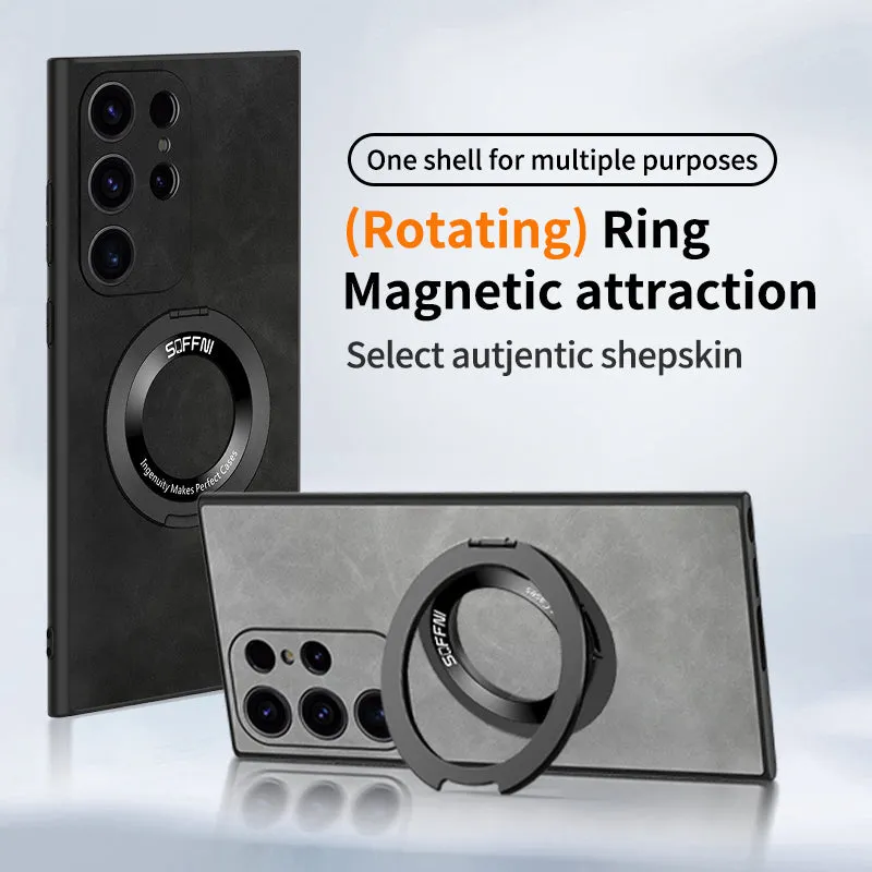 Plain Leather Matte MagneticPhone Case With Ring Holder For Samsung Galaxy S24 S25