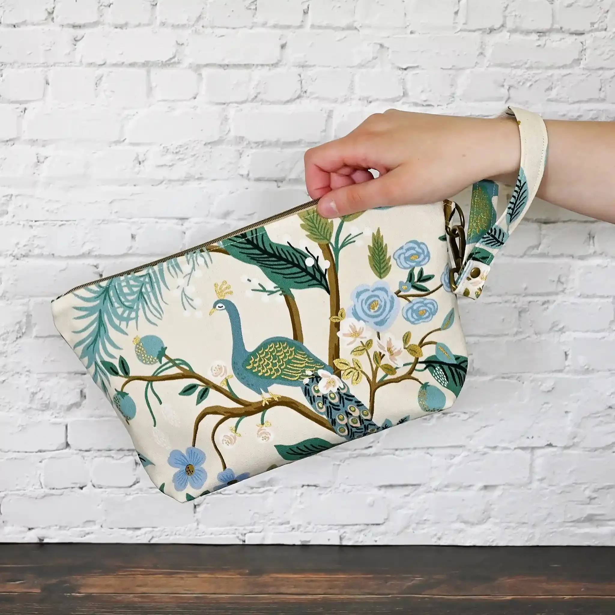 Pretty Peacock Canvas Zippered Sock Project Bag in Rifle Paper Co's Antique Garden