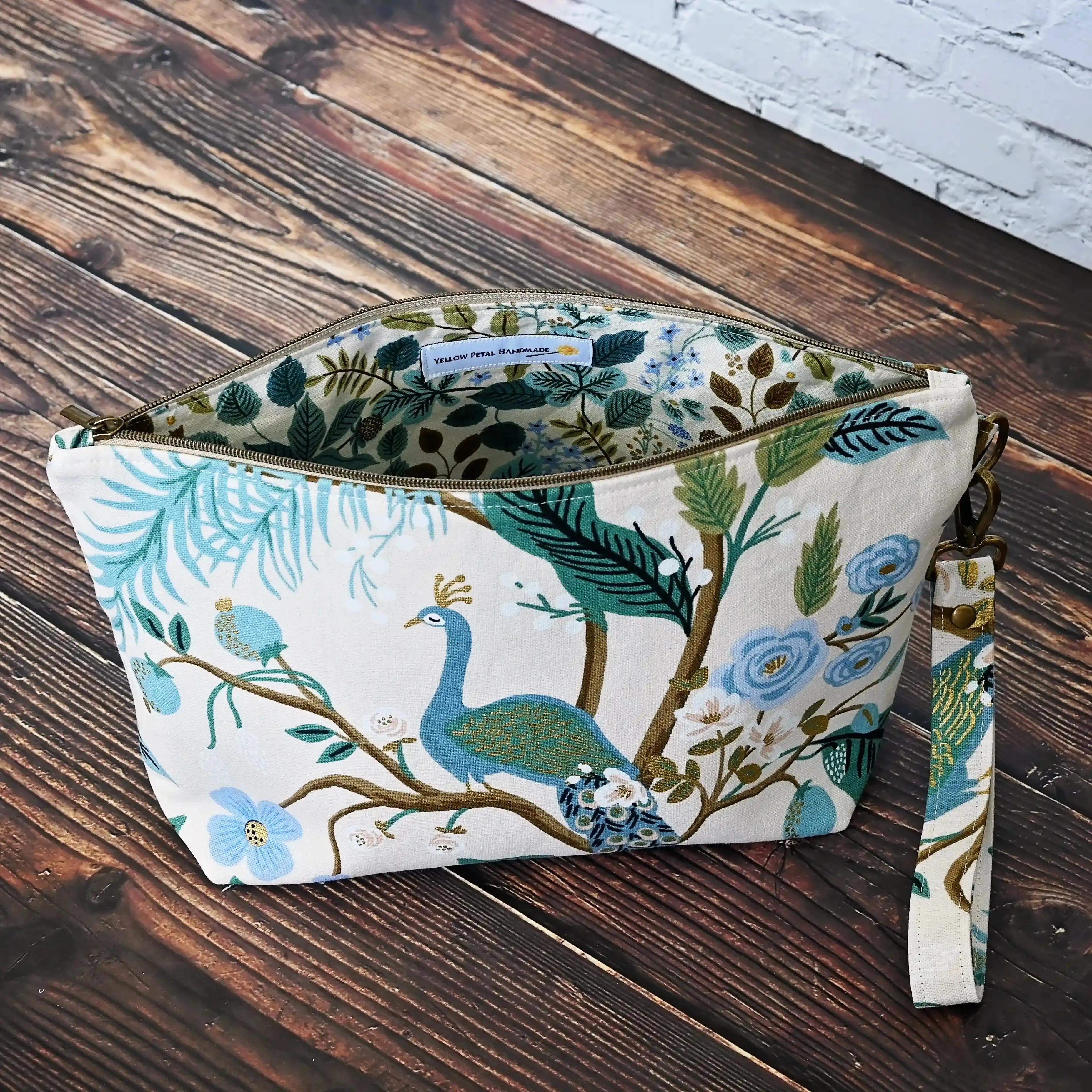 Pretty Peacock Canvas Zippered Sock Project Bag in Rifle Paper Co's Antique Garden