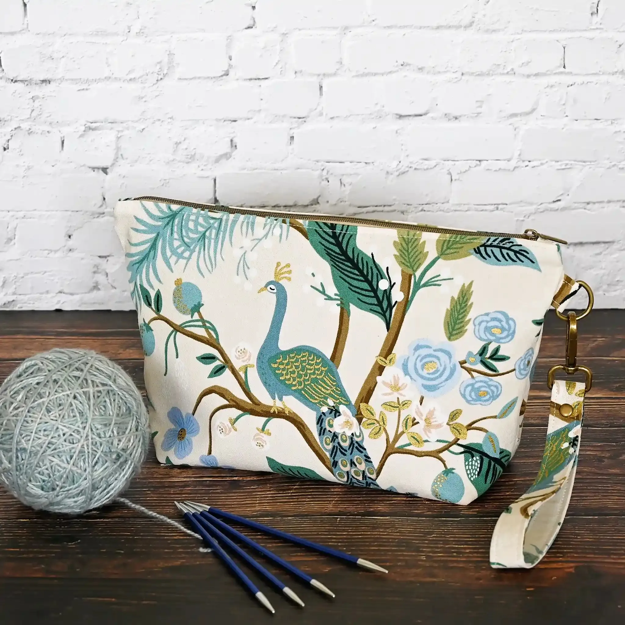 Pretty Peacock Canvas Zippered Sock Project Bag in Rifle Paper Co's Antique Garden