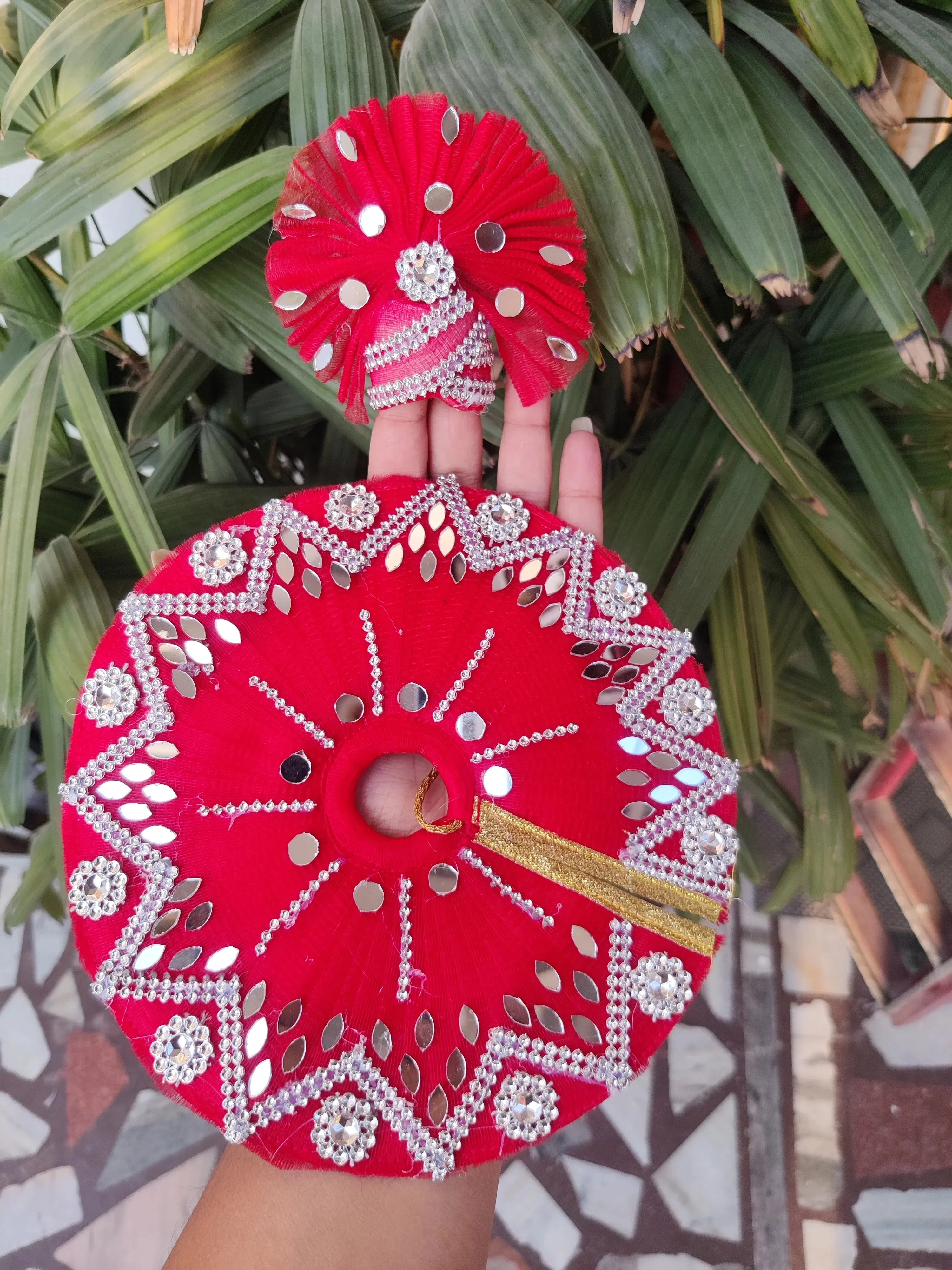 Red mirror heavy laddu gopal dress with pagdi