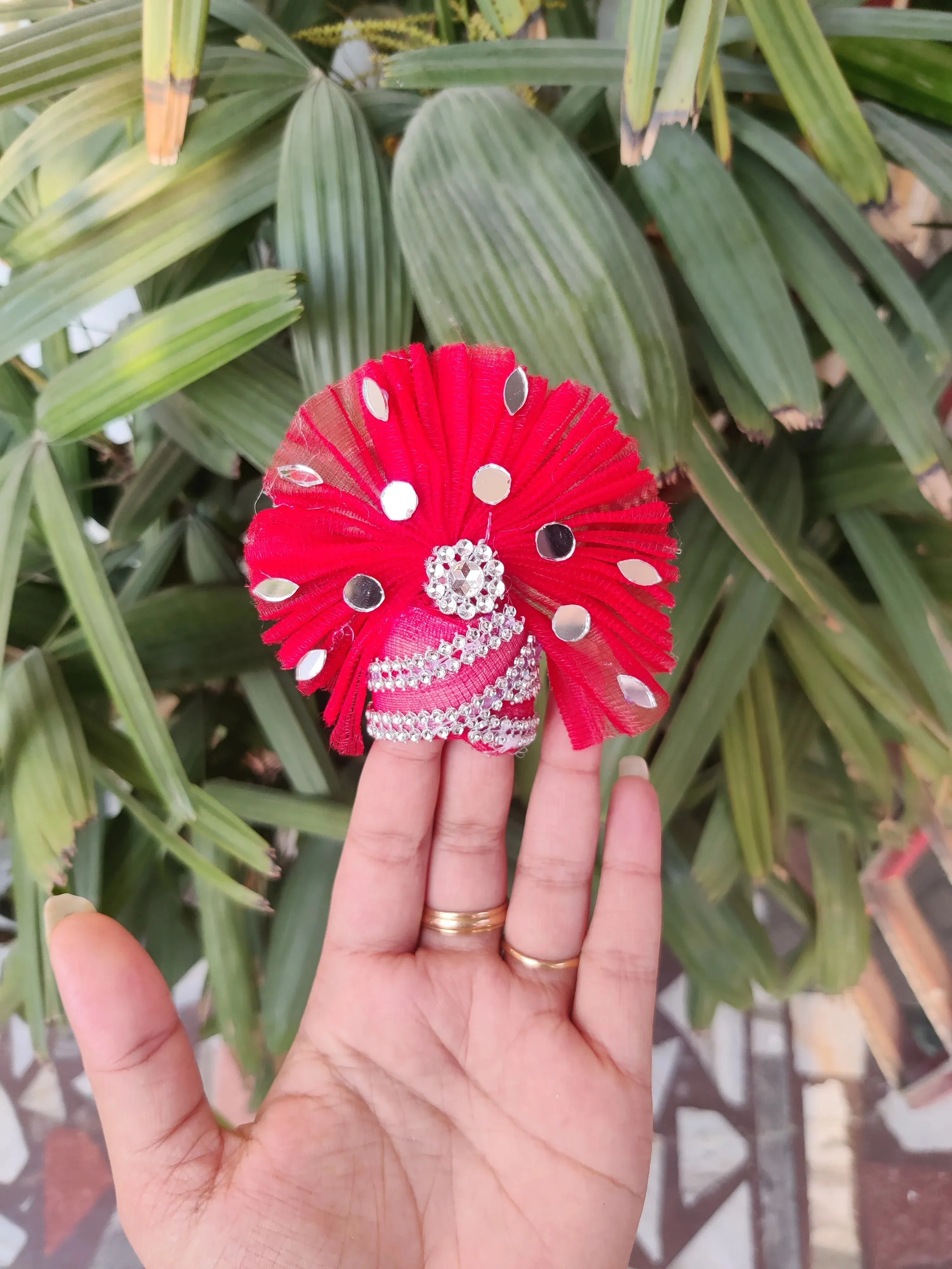 Red mirror heavy laddu gopal dress with pagdi