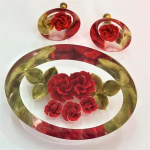 Reverse Carved Vintage Brooch & Earrings