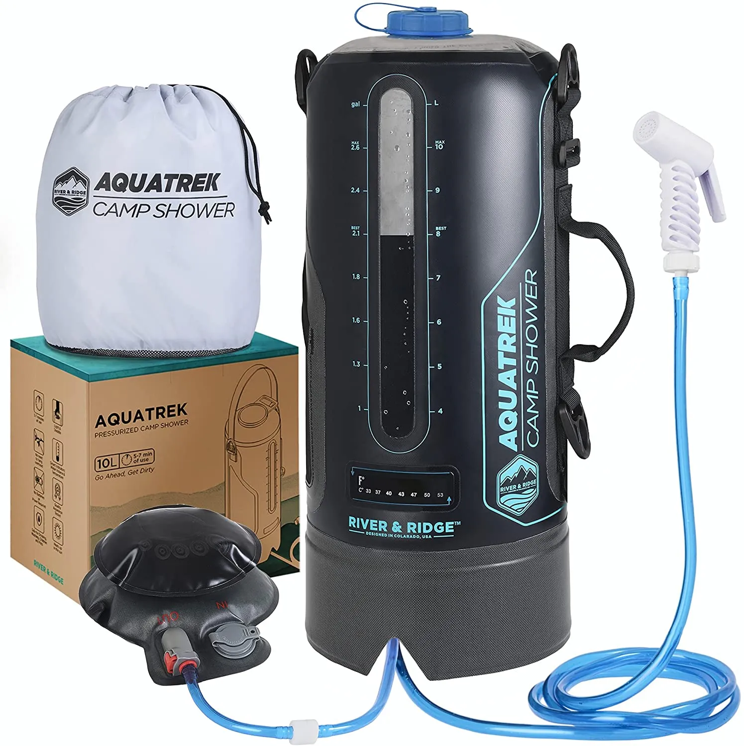 River & Ridge - AQUATREK Portable Pressure Camping Shower | 3Gal 12L Bag Tank Volume | Sustainable Food-Grade Material | Hot Water from Sun