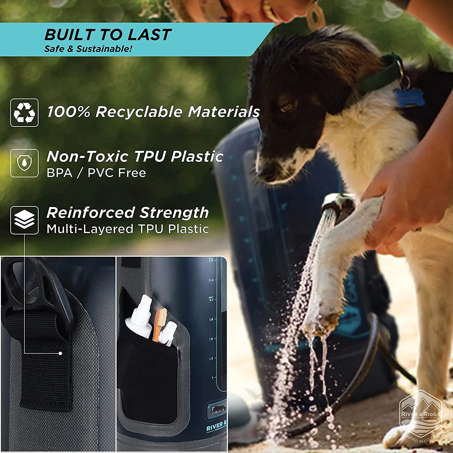 River & Ridge - AQUATREK Portable Pressure Camping Shower | 3Gal 12L Bag Tank Volume | Sustainable Food-Grade Material | Hot Water from Sun