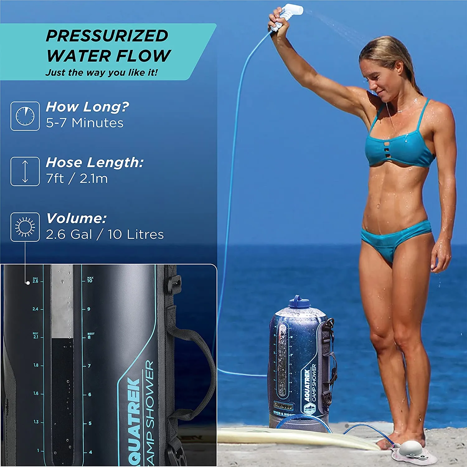 River & Ridge - AQUATREK Portable Pressure Camping Shower | 3Gal 12L Bag Tank Volume | Sustainable Food-Grade Material | Hot Water from Sun