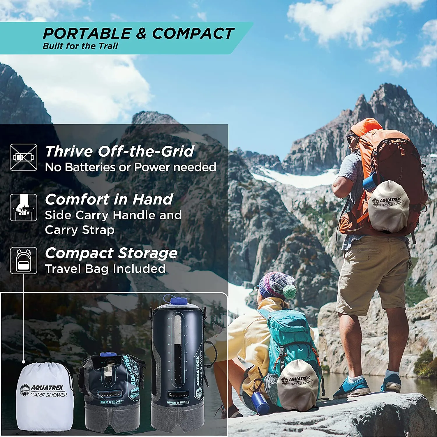 River & Ridge - AQUATREK Portable Pressure Camping Shower | 3Gal 12L Bag Tank Volume | Sustainable Food-Grade Material | Hot Water from Sun