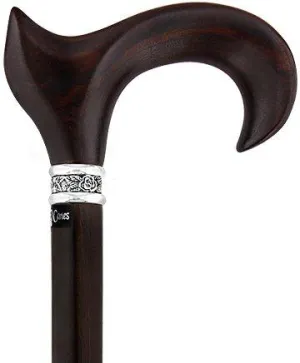 Scratch & Dent  Cocobolo Ergonomic Handle Walking Cane With Ebony Shaft and Pewter Rose Collar V1705