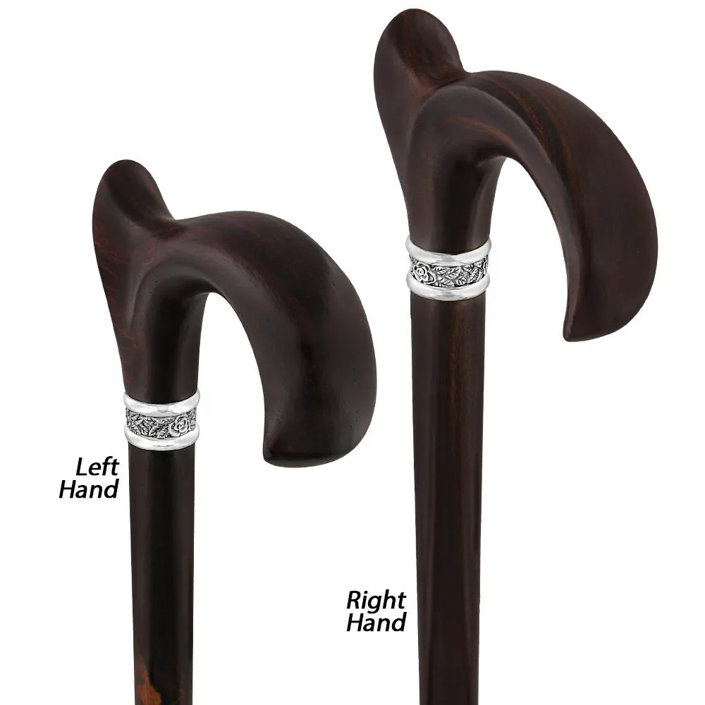 Scratch & Dent  Cocobolo Ergonomic Handle Walking Cane With Ebony Shaft and Pewter Rose Collar V1705