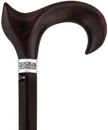Scratch & Dent  Cocobolo Ergonomic Handle Walking Cane With Ebony Shaft and Pewter Rose Collar V1705