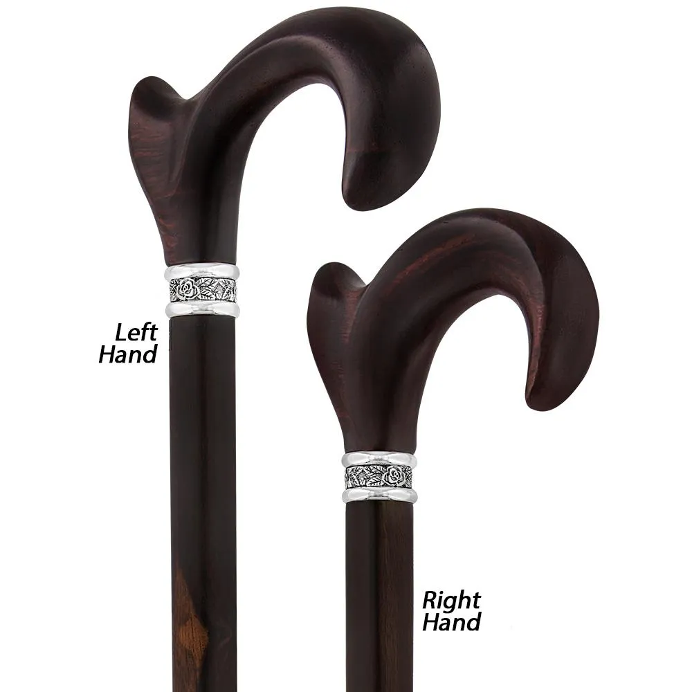 Scratch & Dent  Cocobolo Ergonomic Handle Walking Cane With Ebony Shaft and Pewter Rose Collar V1705