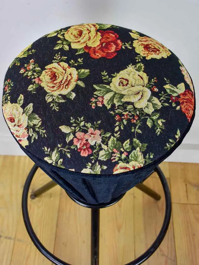 Set of five vintage Italian barstools with black floral upholstery