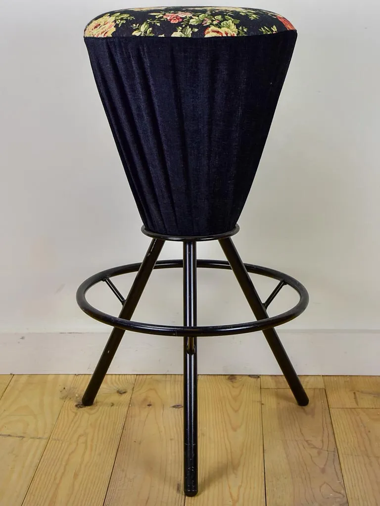 Set of five vintage Italian barstools with black floral upholstery