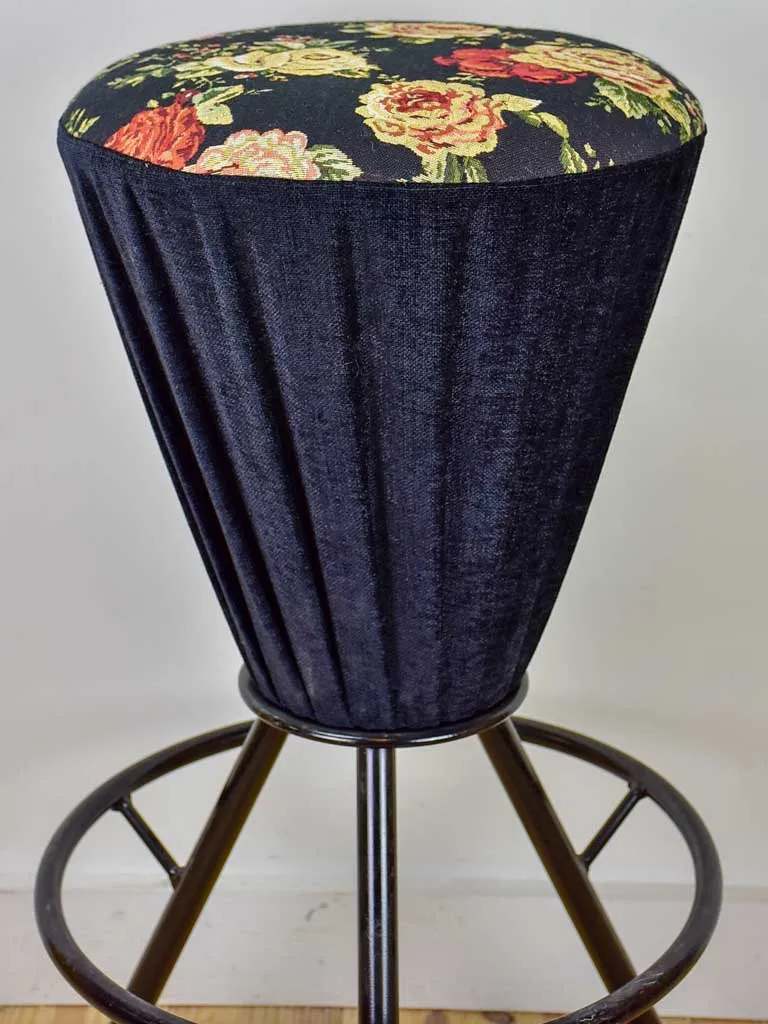 Set of five vintage Italian barstools with black floral upholstery