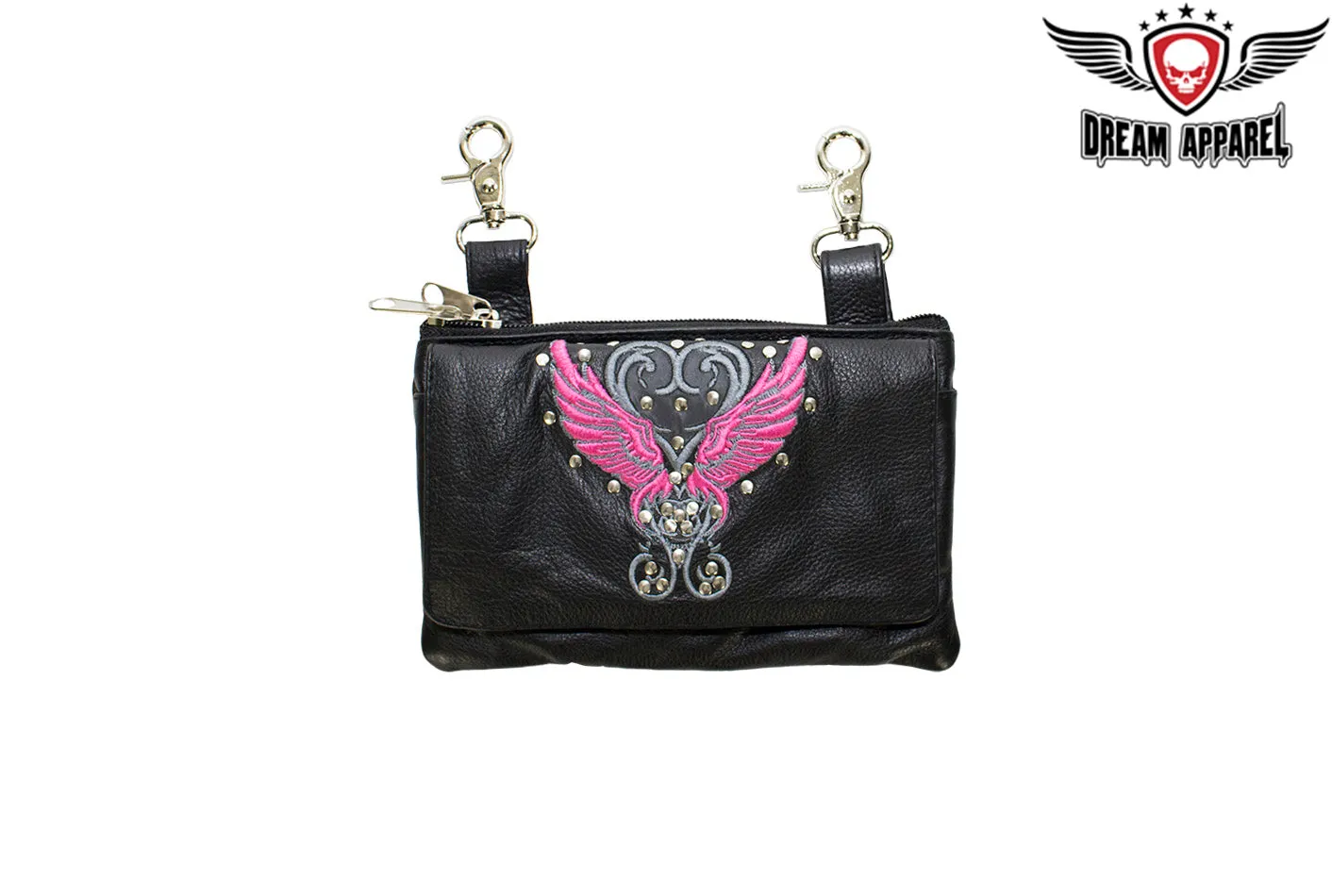 Studded Naked Cowhide Leather Belt Bag with Pink Wings