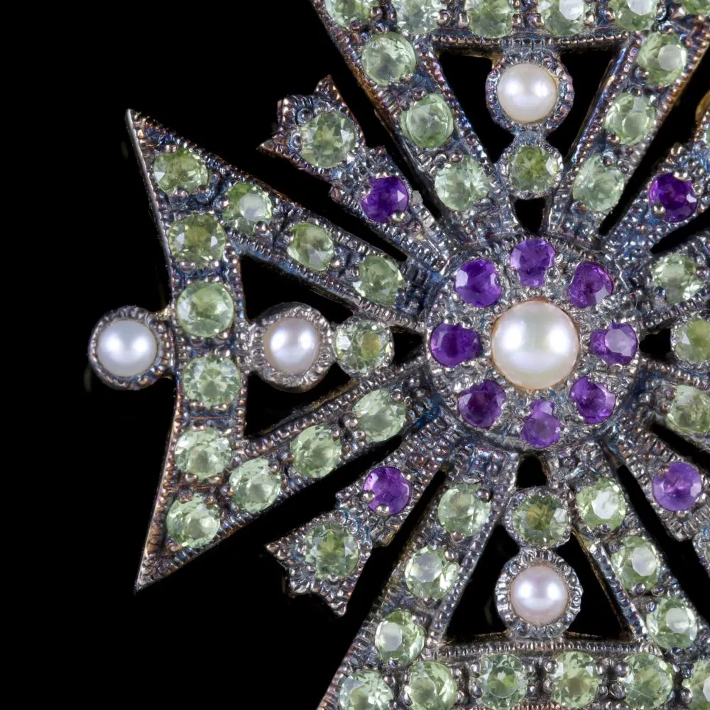 Suffragette Cross Pendant Amethyst Peridot Pearl 9Ct Gold
