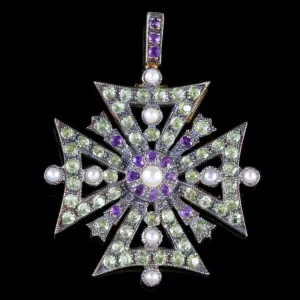 Suffragette Cross Pendant Amethyst Peridot Pearl 9Ct Gold