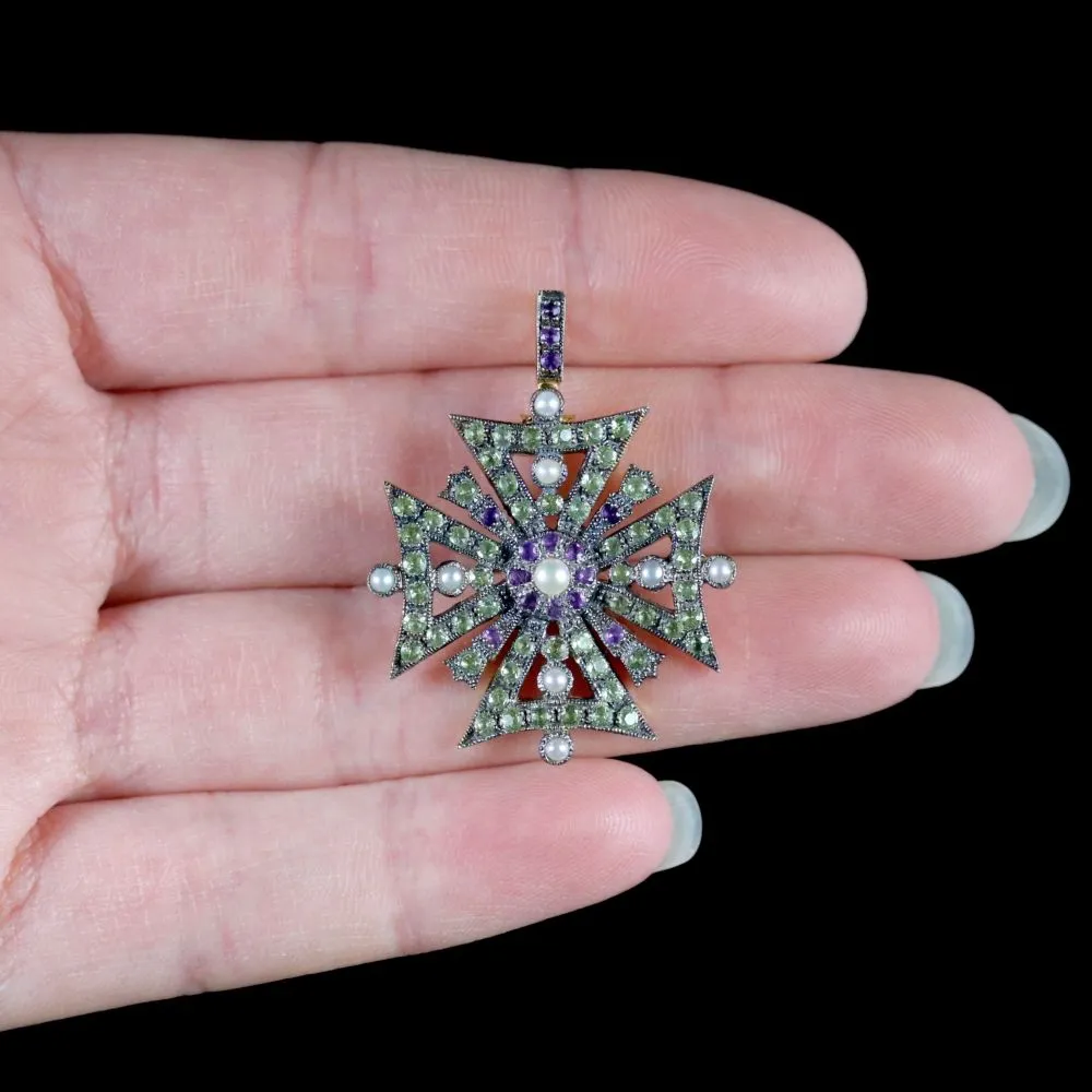 Suffragette Cross Pendant Amethyst Peridot Pearl 9Ct Gold