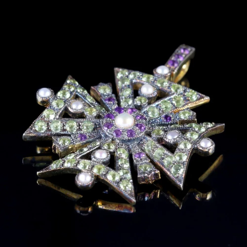 Suffragette Cross Pendant Amethyst Peridot Pearl 9Ct Gold