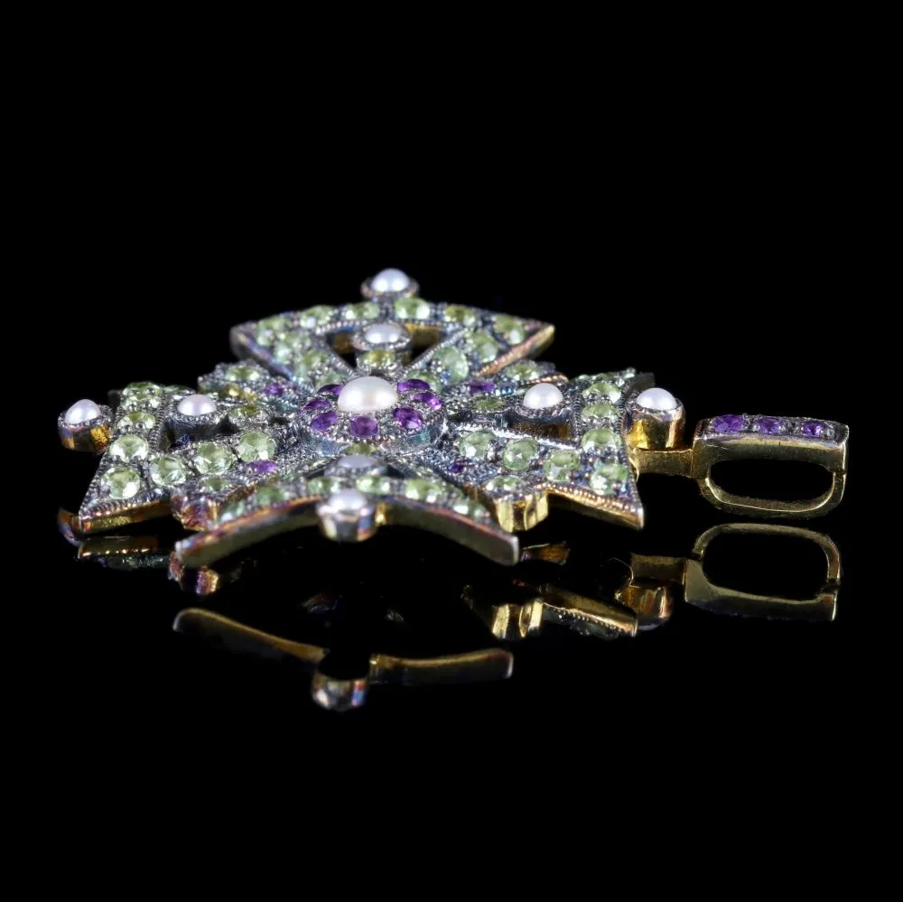 Suffragette Cross Pendant Amethyst Peridot Pearl 9Ct Gold
