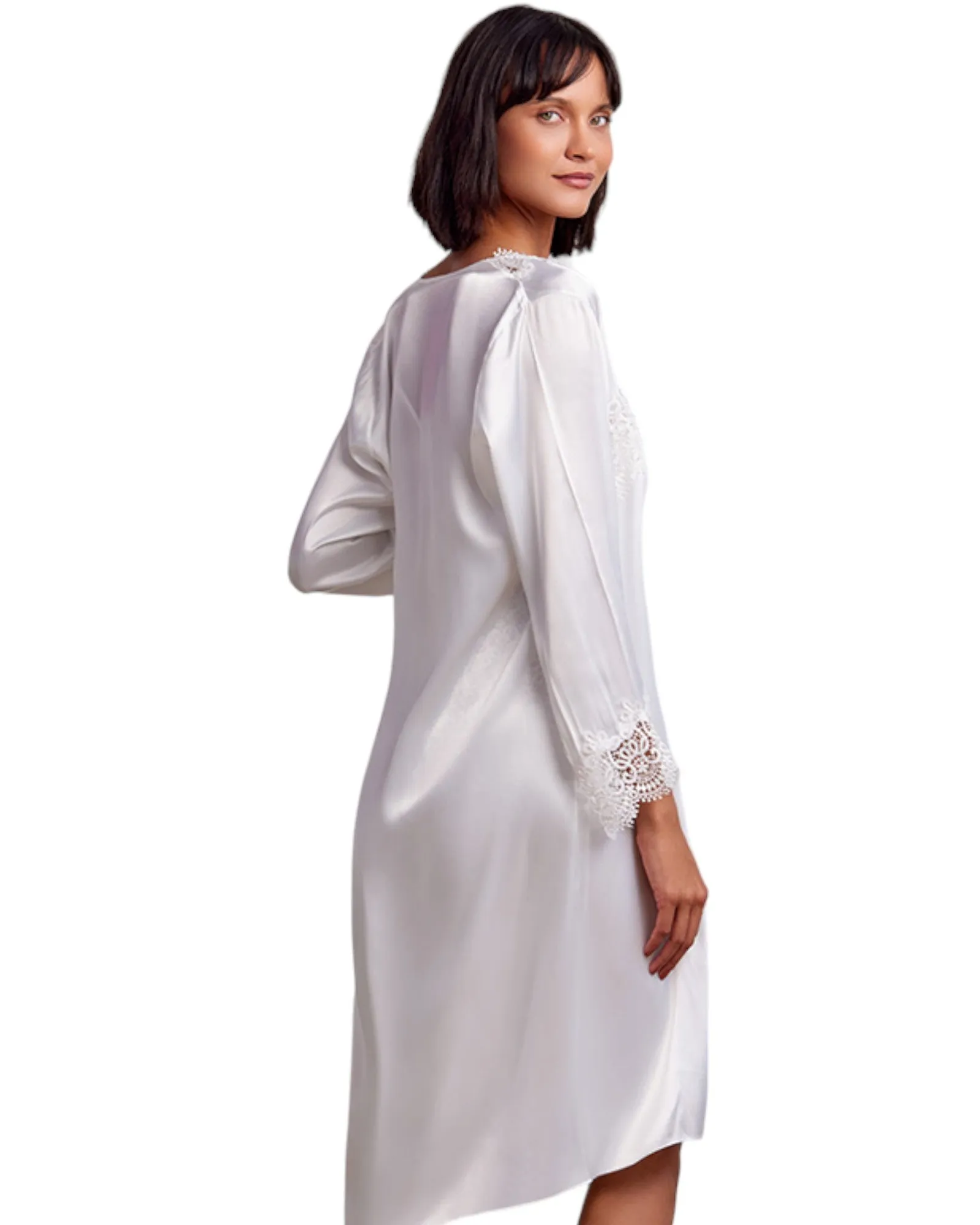 Superb long satin robe with laces hands