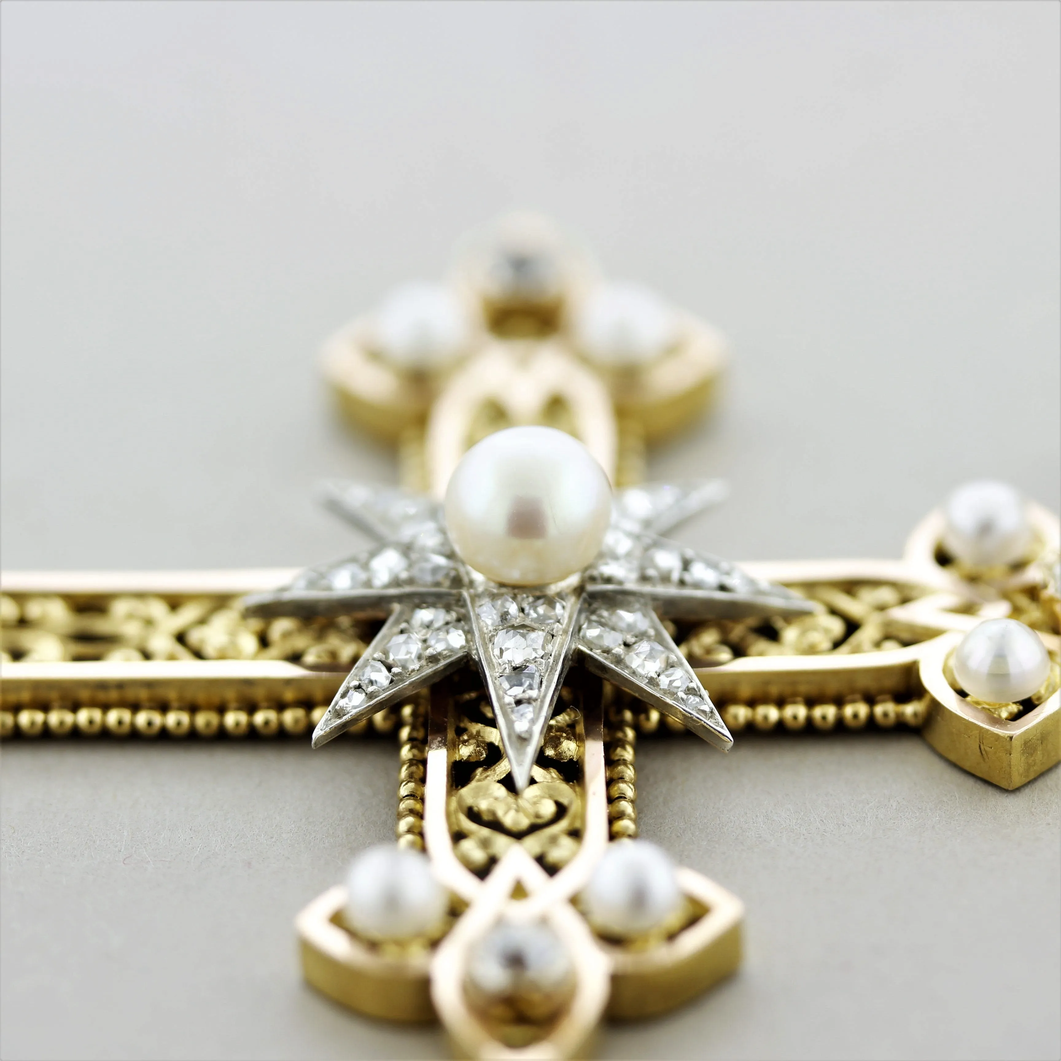 Superb Victorian Antique Diamond Pearl Gold Cross Pendant