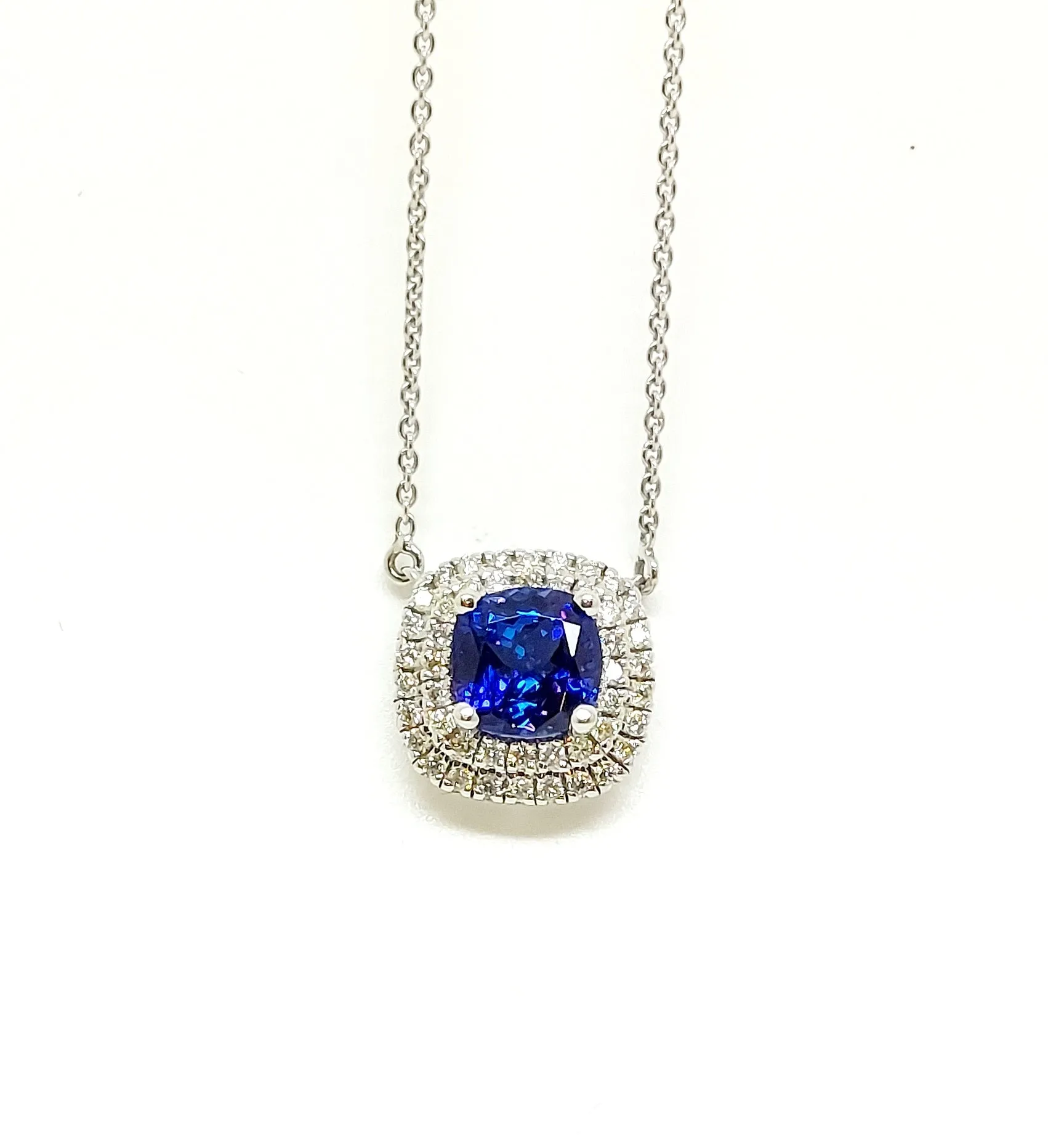 Tanzanite And Diamond  Double Halo Necklace In 14k White Gold