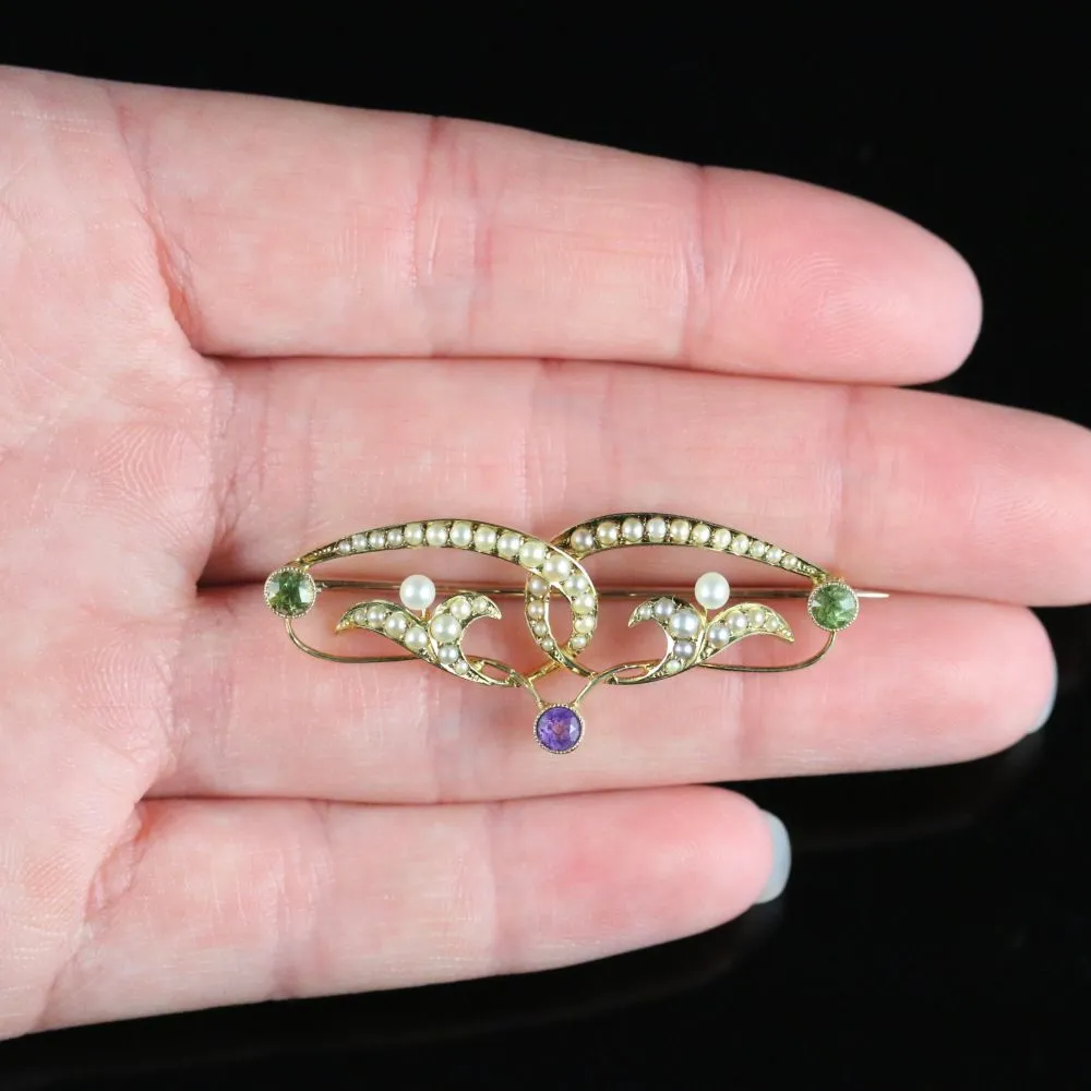 Victorian Suffragette Gold Brooch Circa 1900 Pearl Amethyst Peridot