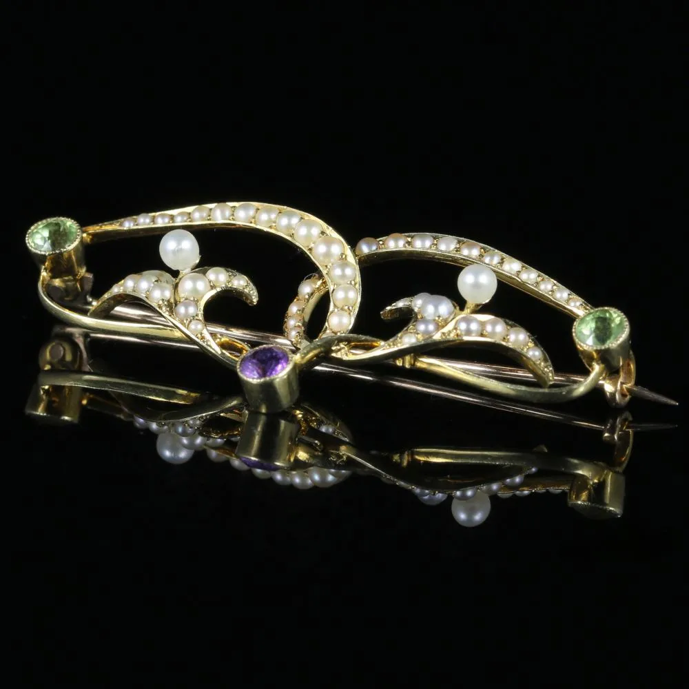 Victorian Suffragette Gold Brooch Circa 1900 Pearl Amethyst Peridot