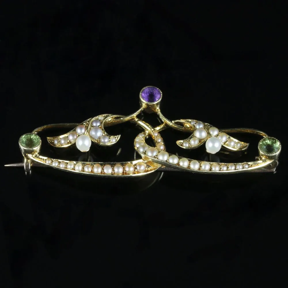 Victorian Suffragette Gold Brooch Circa 1900 Pearl Amethyst Peridot
