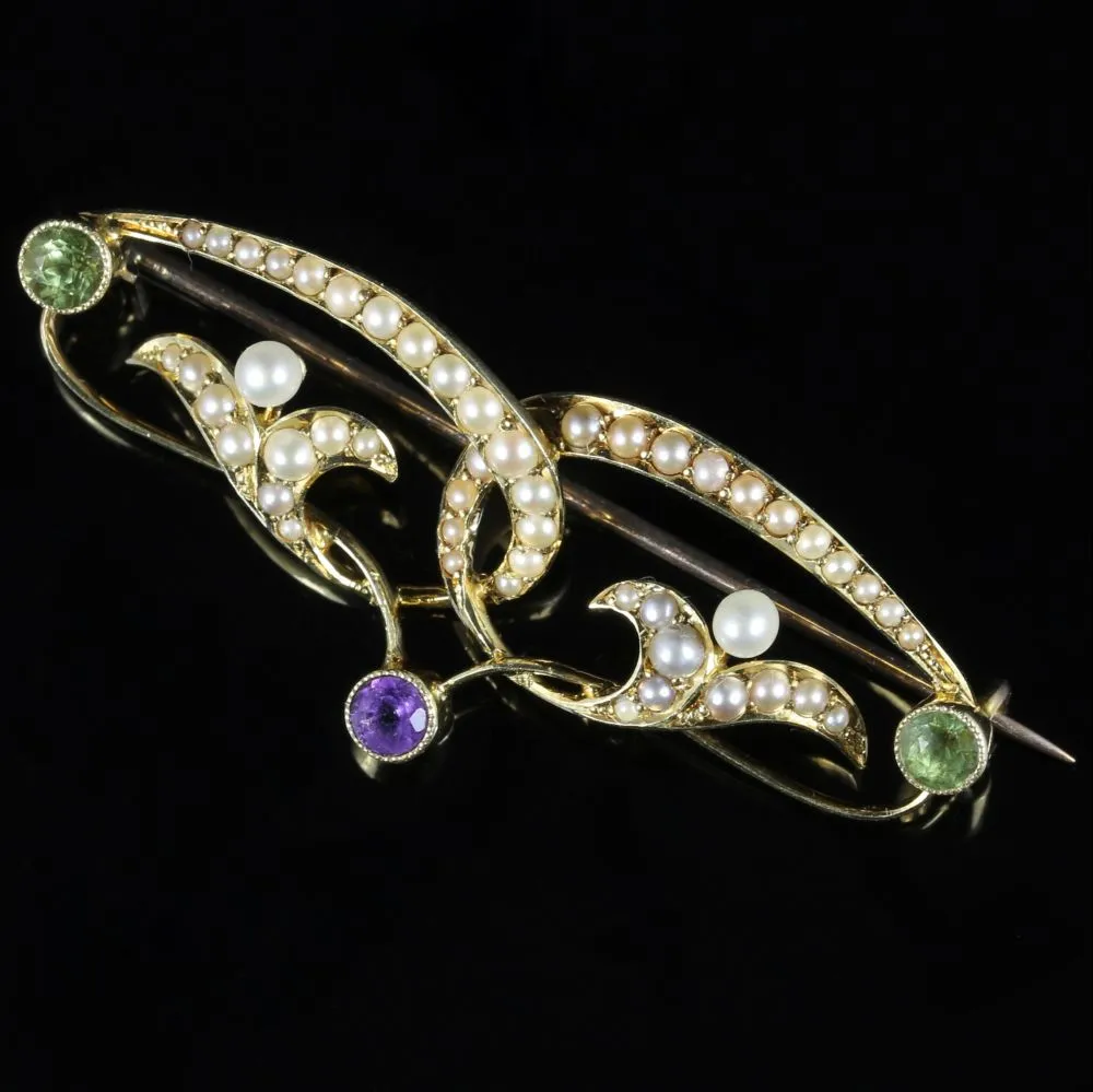 Victorian Suffragette Gold Brooch Circa 1900 Pearl Amethyst Peridot