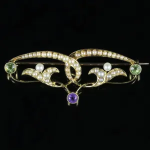 Victorian Suffragette Gold Brooch Circa 1900 Pearl Amethyst Peridot