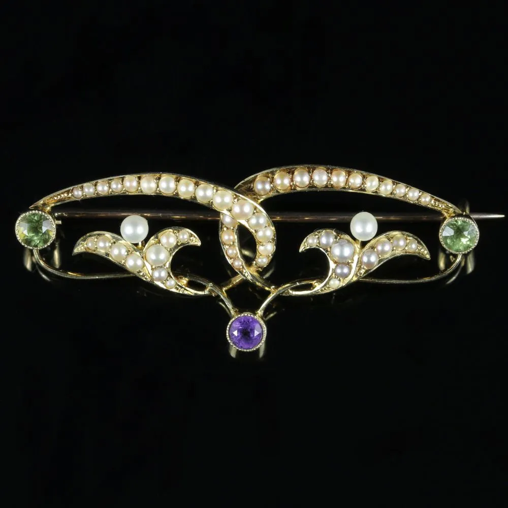Victorian Suffragette Gold Brooch Circa 1900 Pearl Amethyst Peridot