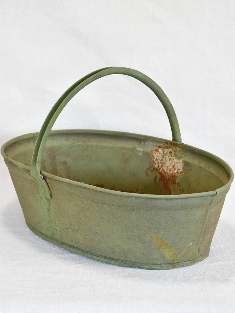 Vintage French metal harvest basket with green patina - early twentieth-century