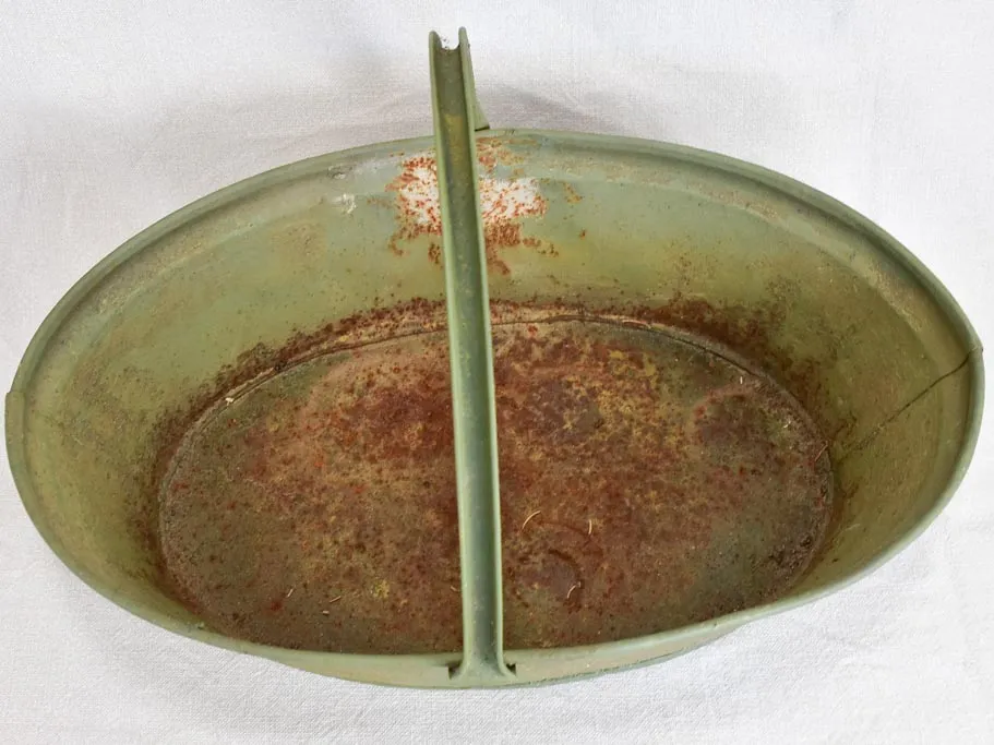 Vintage French metal harvest basket with green patina - early twentieth-century
