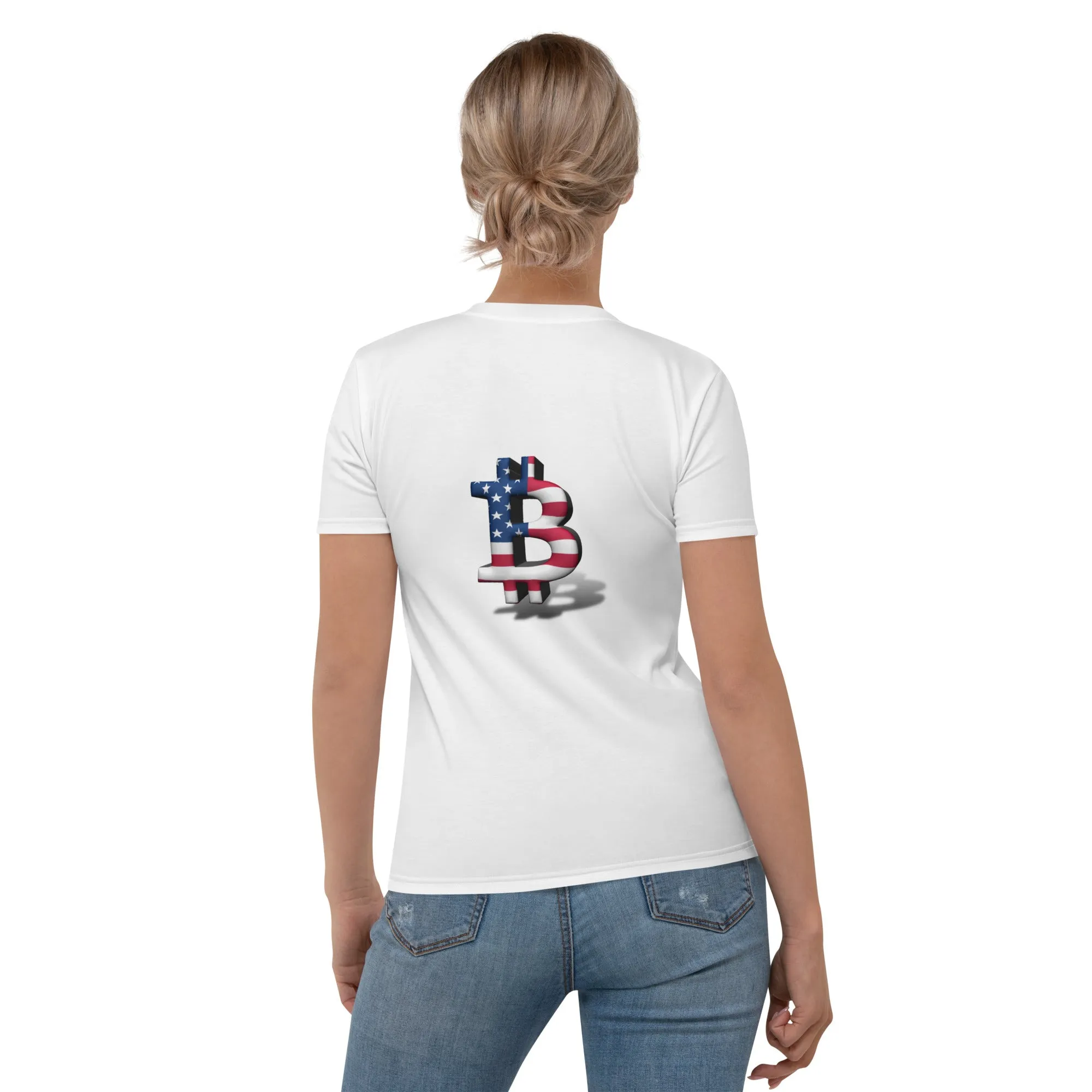 Women's T-shirt with Bitcoin & USA flag logo design (shipping to Europe)